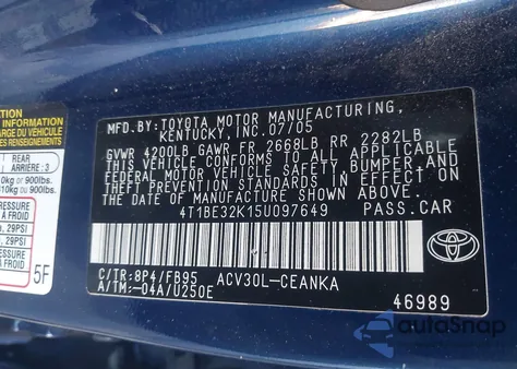 2005 Toyota Camry Le из США, поврежденный, VIN 4T1BE32K15U097649